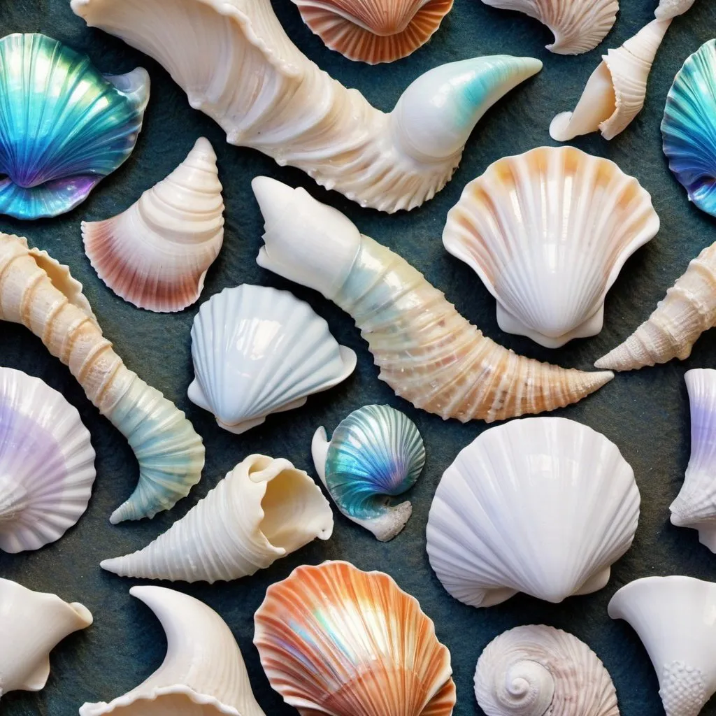 Prompt: Seashells, biomorphism, iridescent, organic, flowing, abstract, surreal,japanes art




