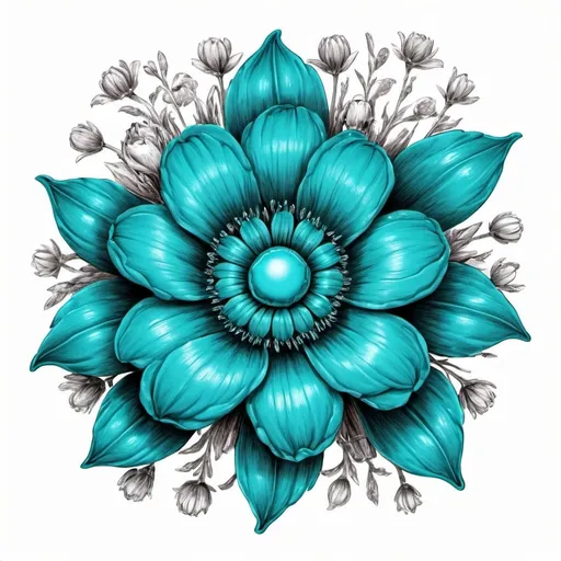 Prompt: Large beautiful turquoise flower, hyperrealistic, facing front with smaller flowers surrounding, 2d, clipart. illustration done in pen, on a white background