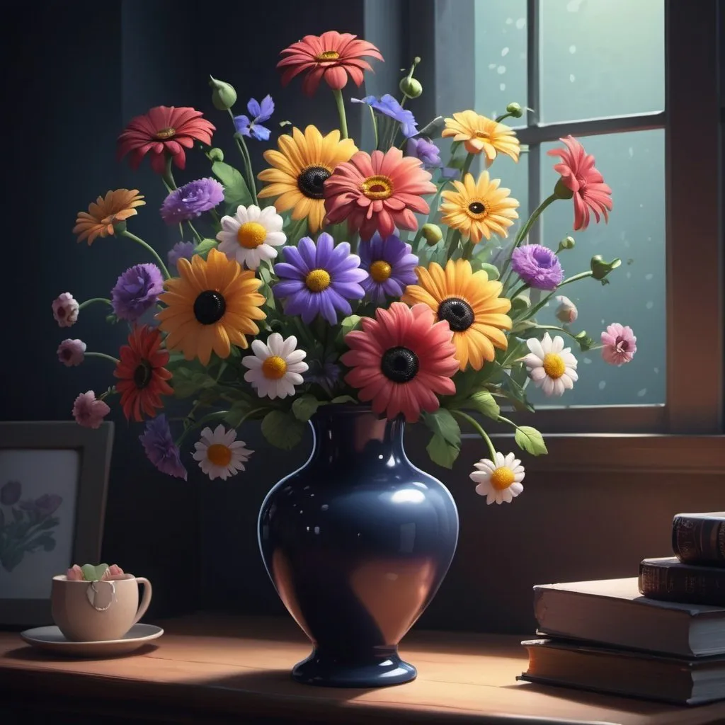 Prompt: Desktop wallpaper of a vase of beautiful flowers in the style of illustrator Donald Zolan, Tim Burton, Alfie May, 8k, cinematic,