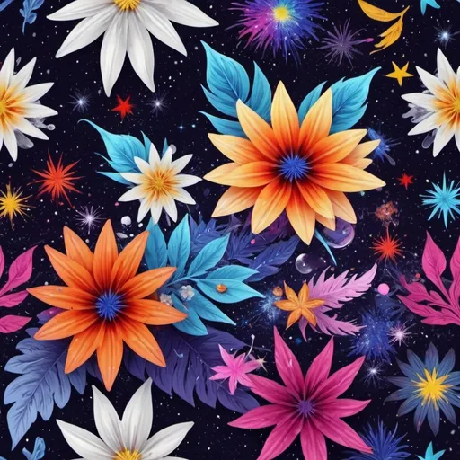 Prompt: high quality, 8K Ultra HD, vivid colorful, Seamless patterns, fabric art, Art station, stary night many colorful detailed Design combining flower and leaf, splash arts, aesthetic for Tshirt design, white tone, photorealistic, ultra realistic, by yukisakura, awesome full color,