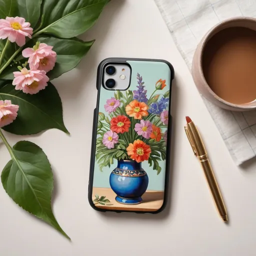 Prompt: a phone case with a painting of flowers on it sitting on a table next to a planter and a flower, Annabel Kidston, cloisonnism, detailed product photo, a photorealistic painting