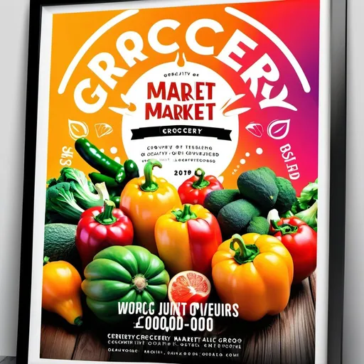 Prompt: Create a visually stunning poster image that captures the essence of groccery market. Incorporate vibrant colors, striking imagery, and compelling typography to evoke emotion and intrigue. Whether it's promoting an event, showcasing a product, or conveying a message, let your creativity shine through in this captivating poster design.