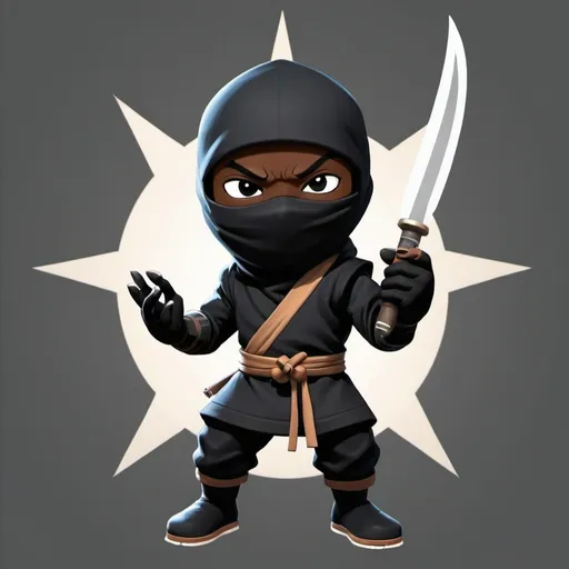 Prompt: I need a black skin ninja image that holds a throwing star in a hand and a smoking bomb in another. It’s design must follow the smashing four characters. Must be for children and its head must be bigger than the body.