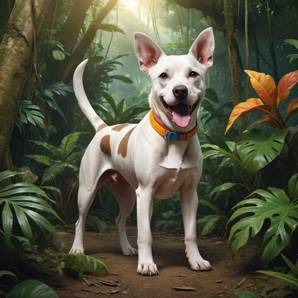 Prompt: Create a dog  living in the jungle ,  vivid colors, hyper realistic, and happy