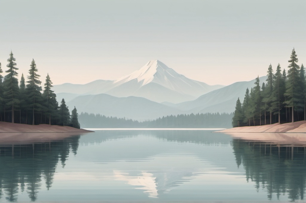 Prompt:  A simple, serene landscape such as a calm lake, mountain range, or forest. The minimalist approach uses soft colors and clean lines to create a tranquil environment.