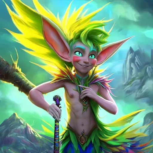 Prompt: Lots of bright colors. An elf nymph with yellow spiky hair. He has big colorful peacock wings. He is playing a flute. He is running on top of trees. He is smiling. There is wind streaks and clouds blowing wind. Wind is blowing through the trees. In the background there is clouds with faces blowing wind and a storm and a hurricane