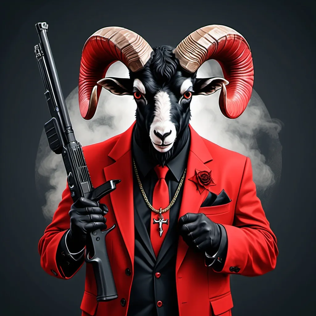 Prompt: An anthropomorphic full black Satanic ram with 4 horns wearing a red suit, based on Satanism and is obscurantism, paganism and baphomet, carrying a sawed-off double-barreled shotgun