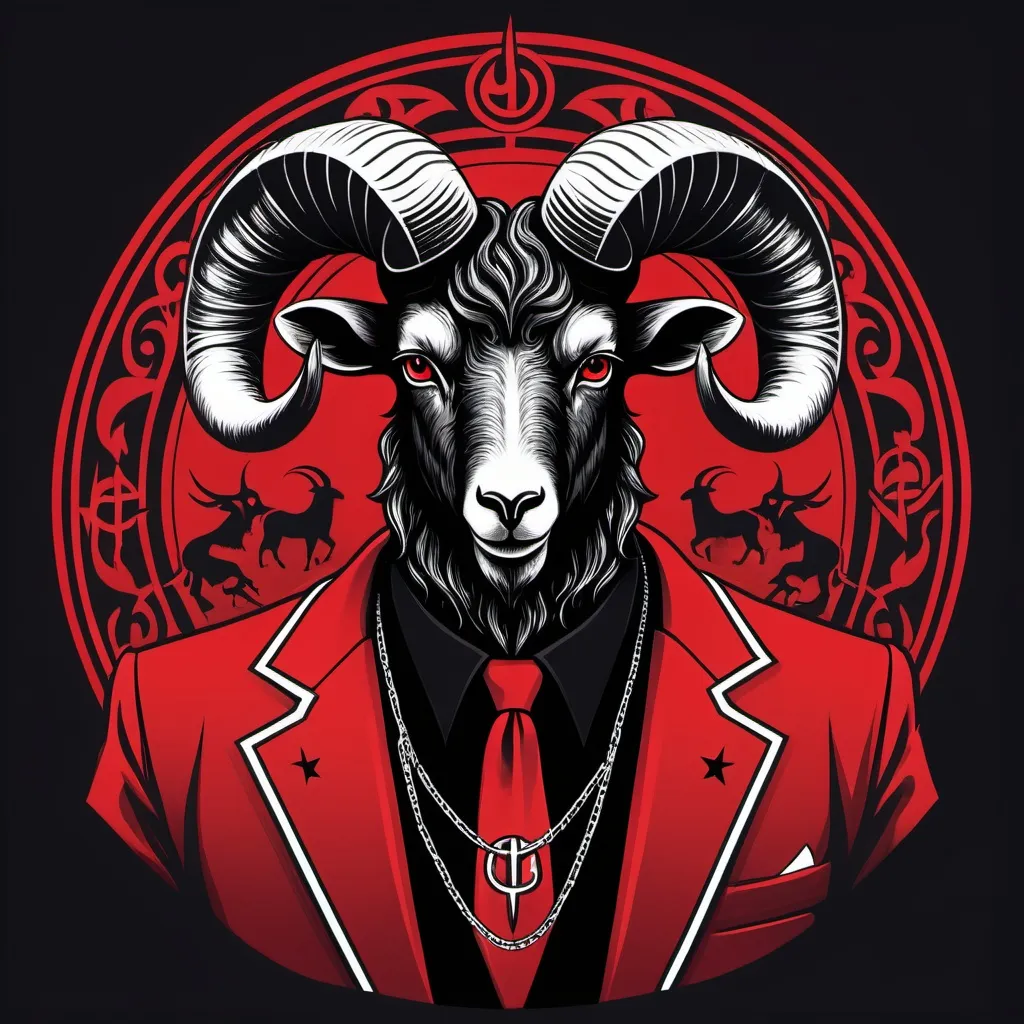 Prompt: An anthropomorphic black Satanic ram with 4 horns based on the Hebridean goat, wearing a red suit, based on Satanism and is obscurantism, paganism and baphomet, with multiple long, coiled horns that show that it is a high-value infernal deity