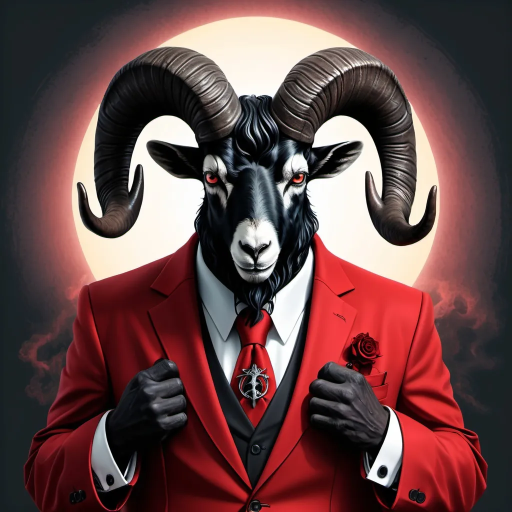 Prompt: An anthropomorphic black Satanic ram with 4 horns based on the Hebridean goat, wearing a red suit, based on Satanism and is obscurantism, paganism and baphomet