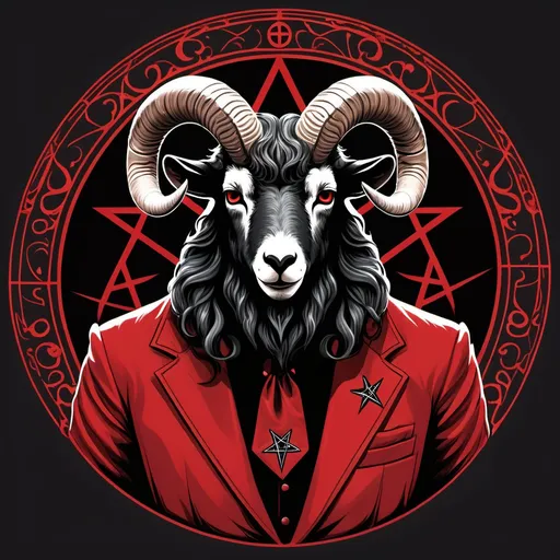 Prompt: An anthropomorphic black Satanic ram with 4 horns based on the Hebridean goat, wearing a red suit, based on Satanism and is obscurantism, paganism and baphomet, with multiple long, coiled horns that show that it is a high-value infernal deity, and an inverted five-pointed star like a satanic pentagram on the forehead