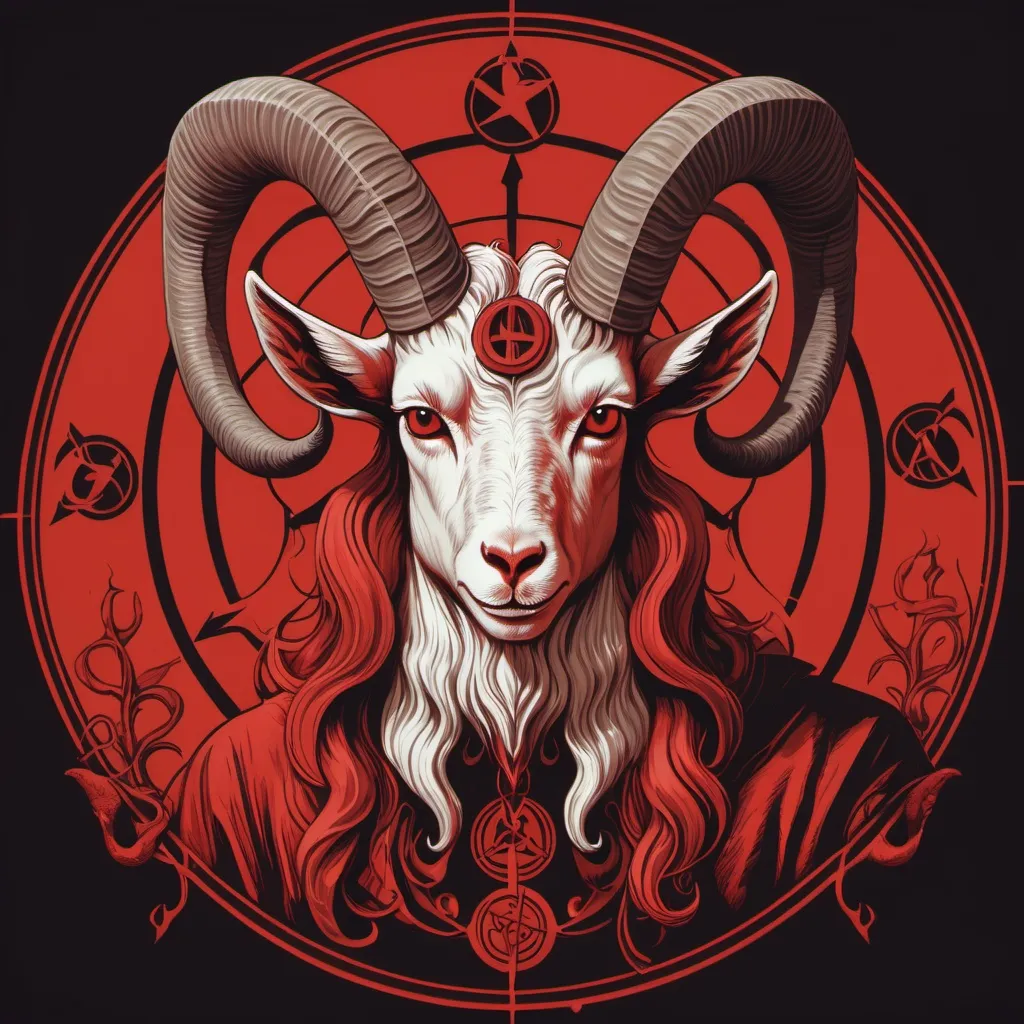 Prompt: An anthropomorphic goat resembling the pagan goddess Baphomet, with 4 twisted horns and a satanic appearance, red in color