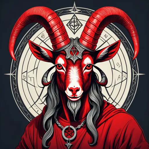 Prompt: An anthropomorphic goat resembling the pagan goddess Baphomet, with 4 twisted horns and a satanic appearance, red in color