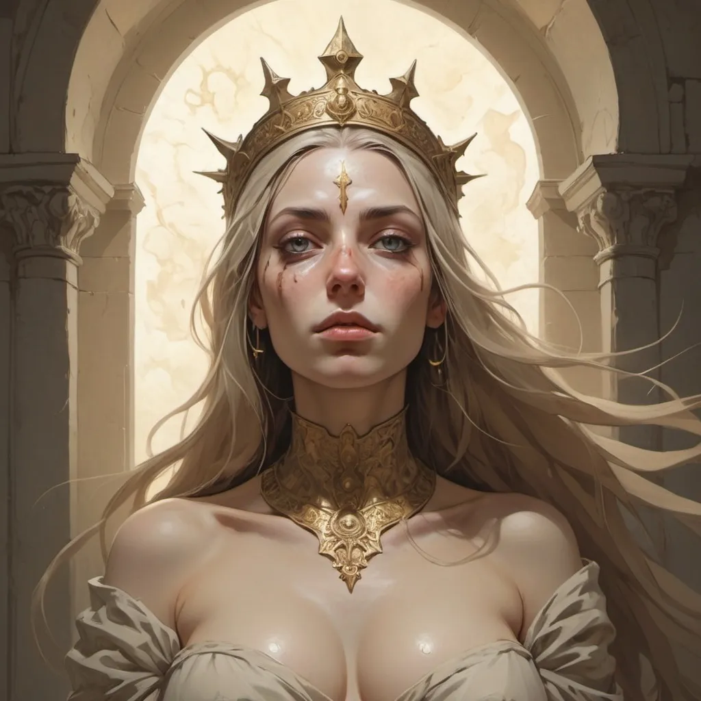 Prompt: Une  femme Clerc,  baignée dans la lumière, les yeux rayonnant, armée d'une grande morgenstein, habillée d'une toge beige dans le style de blasphemous 2