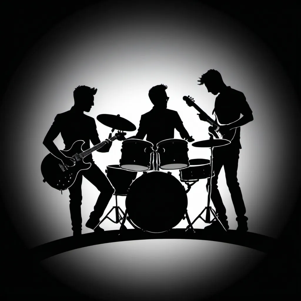 Prompt: logo. silhouette a duo rocking out on the drums and guitar