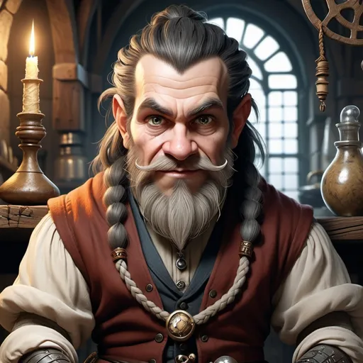 Prompt: Create a highly detailed image of a young dwarf with dark, braided hair and a braided beard. He is depicted as a mad scientist in a medieval setting, wearing medieval-style clothing. His face shows several scars, and he has an unsettling, a grin that adds to his eccentric appearance. The dwarf has very light-colored eyes, almost unnaturally bright. He is adorned with various jewelry, including earrings, nose rings, and other similar accessories. The background should reflect a medieval laboratory filled with alchemical tools and strange inventions, enhancing the atmosphere of a medieval scientist’s workspace.