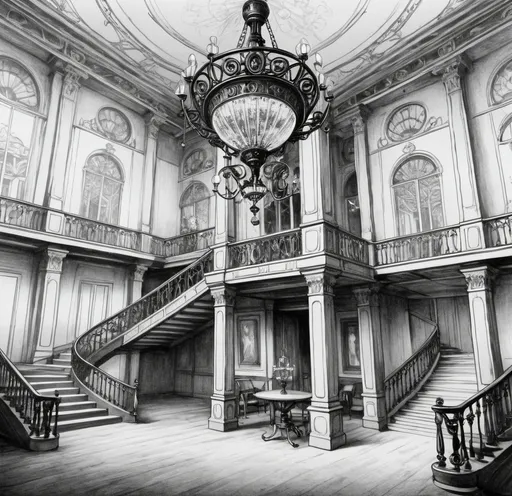 Prompt: a large building with a staircase and a chandelier in it's center area, with a chandelier hanging from the ceiling, Emilio Grau Sala, art nouveau, matte drawing, a digital rendering