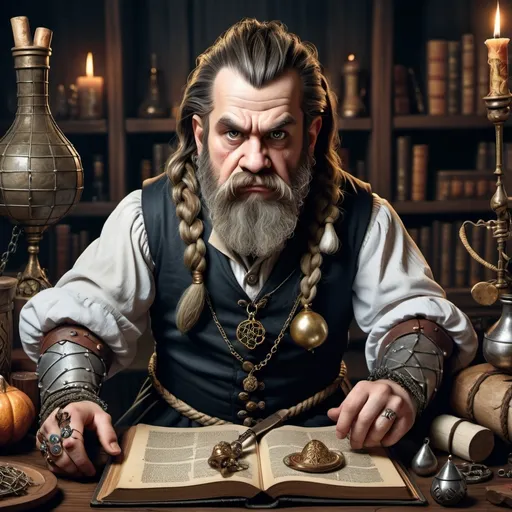 Prompt: Create a highly detailed image of a young dwarf with dark, braided hair and a braided beard. He is depicted as a mad scientist in a medieval setting, wearing medieval-style clothing. His face shows several scars, adding to his eccentric appearance. The dwarf is adorned with various jewelry, including earrings, nose rings, and other similar accessories. The background should reflect a medieval laboratory filled with alchemical tools, strange inventions, and ancient books, enhancing the atmosphere of a medieval scientist’s workspace.