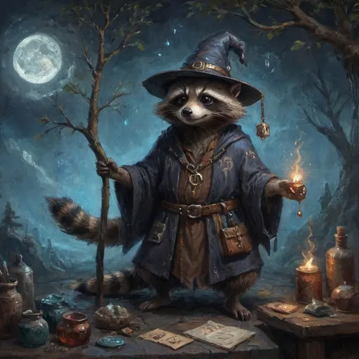 Prompt: Create a scene of a mischievous raccoon alchemist standing in a dark, place. The raccoon wears a long, shadowy brown robe with mysterious symbols etched into the fabric and a oversized wizard hat with a very huge brim and with runes. He has a strange, unsettling smile on his face. In one paw, he holds a vial filled with a bubbling, liquid. he wears a breastbelt with many small vials, Illuminated only by the dim light from his alchemical tools. The atmosphere is ominous, with twisted branches and the hint of strange, magical energy in the air.