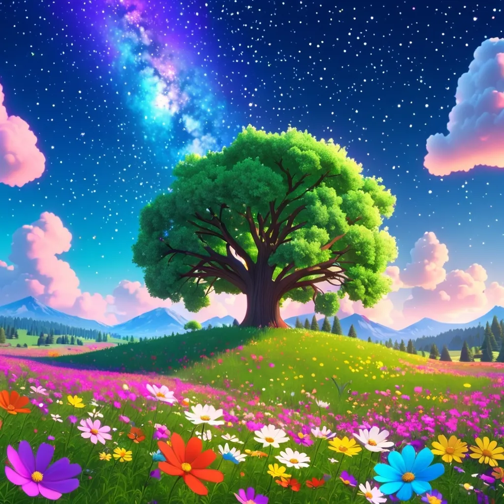 Prompt: Viral anime nature wallpaper in 4K quality, in the style of Pixar 3D inspired by Toy Story, showcasing a lush meadow filled with colorful wildflowers, a clear blue sky with fluffy clouds, and a single majestic tree standing in the middle; bright and cheerful color temperature, cosmos lighting with stars twinkling in the sky, no human characters, the atmosphere is whimsical and joyful --v 5 --stylize 1000