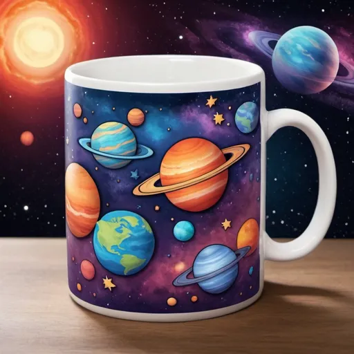 Prompt: "Create a mug design featuring planets. Include stars and a vibrant galaxy background, with a focus on the colors of the planets."

