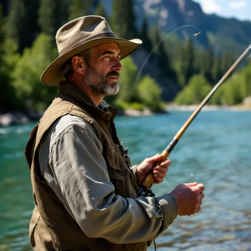Prompt: A man fly fishing in the snake river
