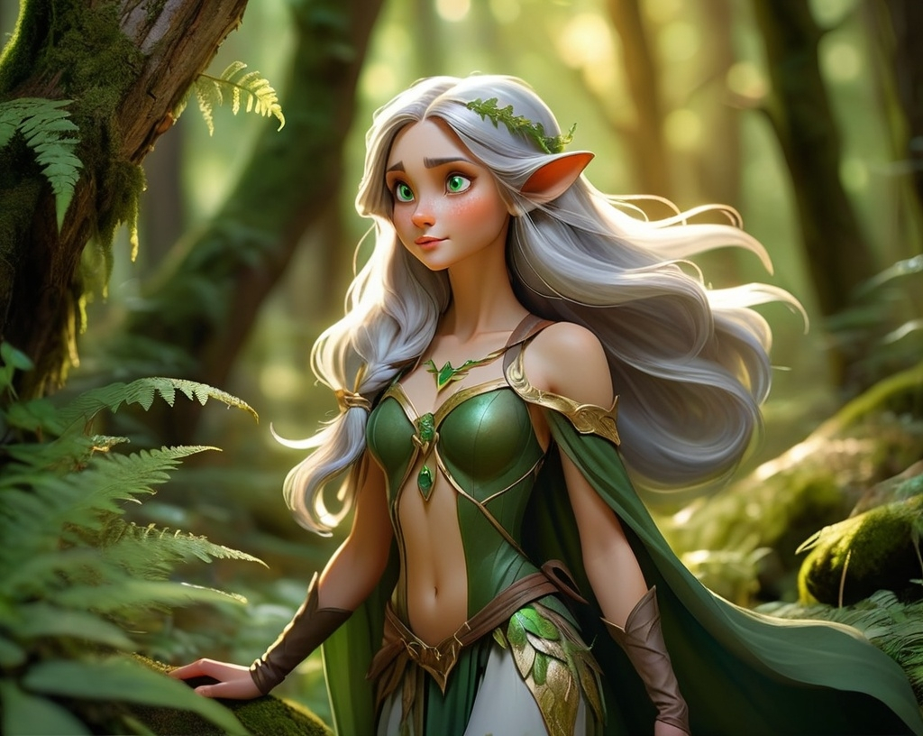 Prompt: Elf ranger in a mystical forest around sunlight