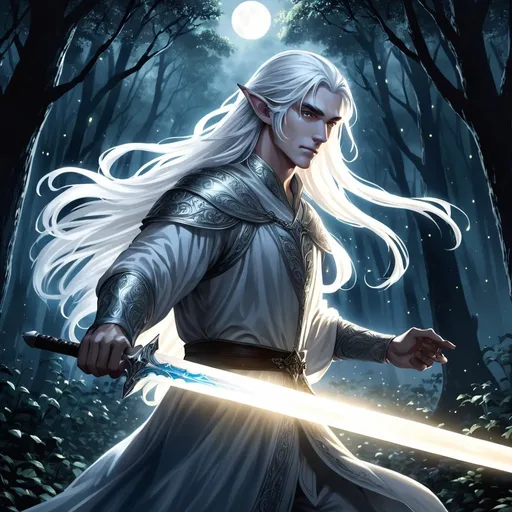 Prompt: Male elf with long silver hair, moonlit forest setting, wielding a radiant sword, ethereal glow, high quality, fantasy, moonlight, silver hair, radiant sword, ethereal, mystical, detailed eyes, atmospheric lighting