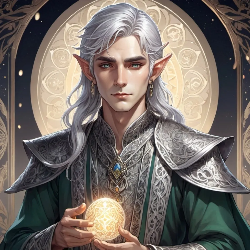 Prompt: Anime illustration of a silver-haired male elf, ornate tunic, mystical tarot card, detailed facial features, intricate linework, rich color palette, high quality, anime, fantasy, intricate details, mystical, ornate clothing, ethereal lighting