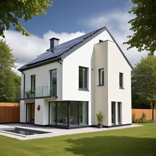 Prompt: An Energy Efficient  modern home Realistic, ireland showing Air to water Heatpump

