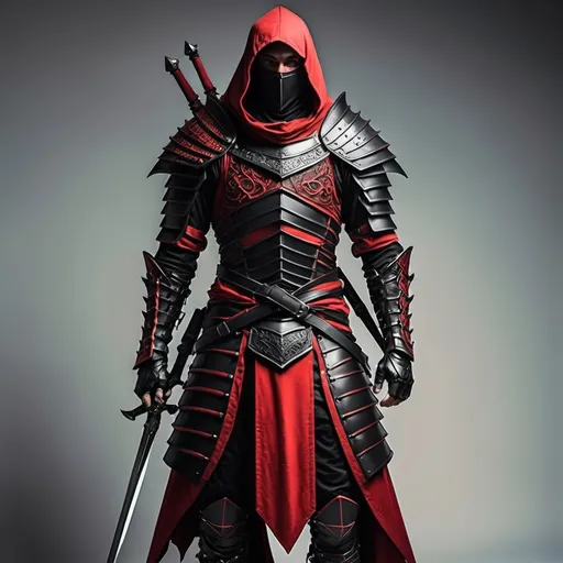 Prompt: tall young men warrior armor assassin red and black color 