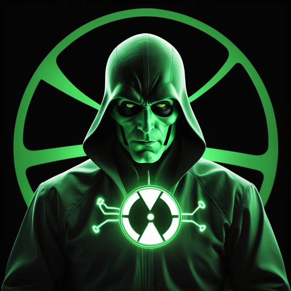 Prompt: make me a photo of a super villian with the power of the element pliutonium and make him have a symbol related to radioactive but shorter