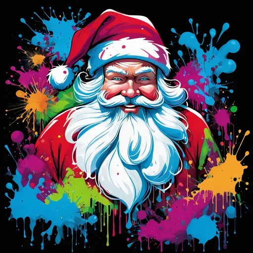 Prompt: Colorful graffiti illustration of Santa Claus, paint splashes, vector t-shirt art, with a winter wonderland background