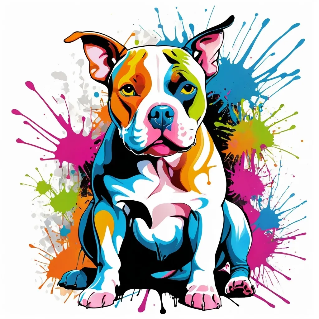 Prompt: Colorful graffiti illustration of a Pittbull, paint splashes, vector t-shirt art, white background