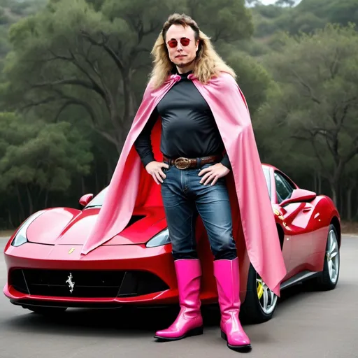 Prompt: Make a photo of Elon musk wearing pink pirate boots a cape a lion sheath, and standing on the hood of a ferrari