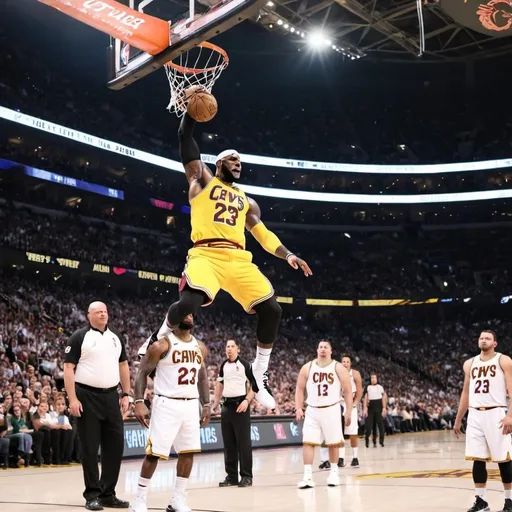 Prompt: lebron James dunking on someone during a basketball full of people in the staduim