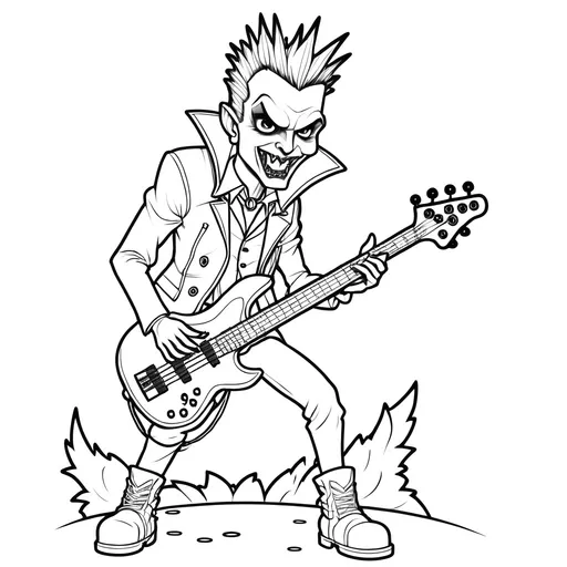 Prompt: Square coloring page for adults, a vampire with a tall theatrical collar and a spiked choker, holding a cracked electric bass guitar, bat wings in the background, bold black outlines, thick uniform line weight, clean white background, punk rock aesthetic, no shading