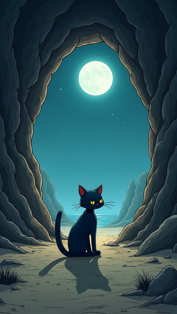 Prompt: An anthropomorphic cyborg cat on the entrance of a cave, ominous abandoned desert, night time, dim light, cel shading, toon shading, detailed illustration, digital art, (a text on the top "So based man!"), back view, high and wide angle, cinematic, hd, 8k, extremely detailed, masterpiece, absurdres