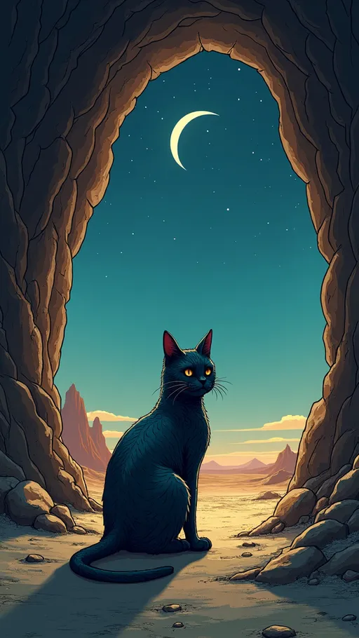 Prompt: An anthropomorphic cyborg cat on the entrance of a cave, ominous abandoned desert, night time, dim light, cel shading, toon shading, detailed illustration, digital art, (a text on the top "So based man!"), back view, high and wide angle, cinematic, hd, 8k, extremely detailed, masterpiece, absurdres