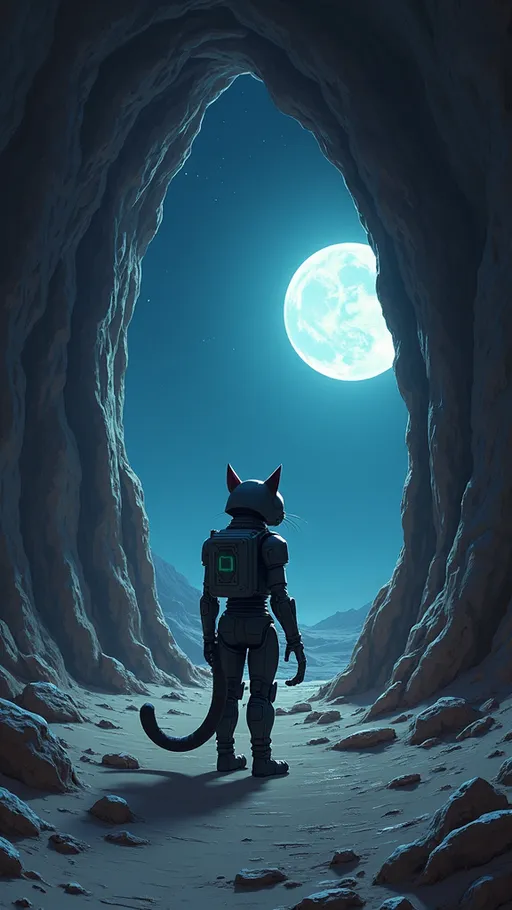 Prompt: An anthropomorphic cyborg cat on the entrance of a cave, ominous abandoned desert, night time, dim light, cel shading, toon shading, detailed illustration, digital art, (a text on the top "So based man!"), back view, high and wide angle, cinematic, hd, 8k, extremely detailed, masterpiece, absurdres