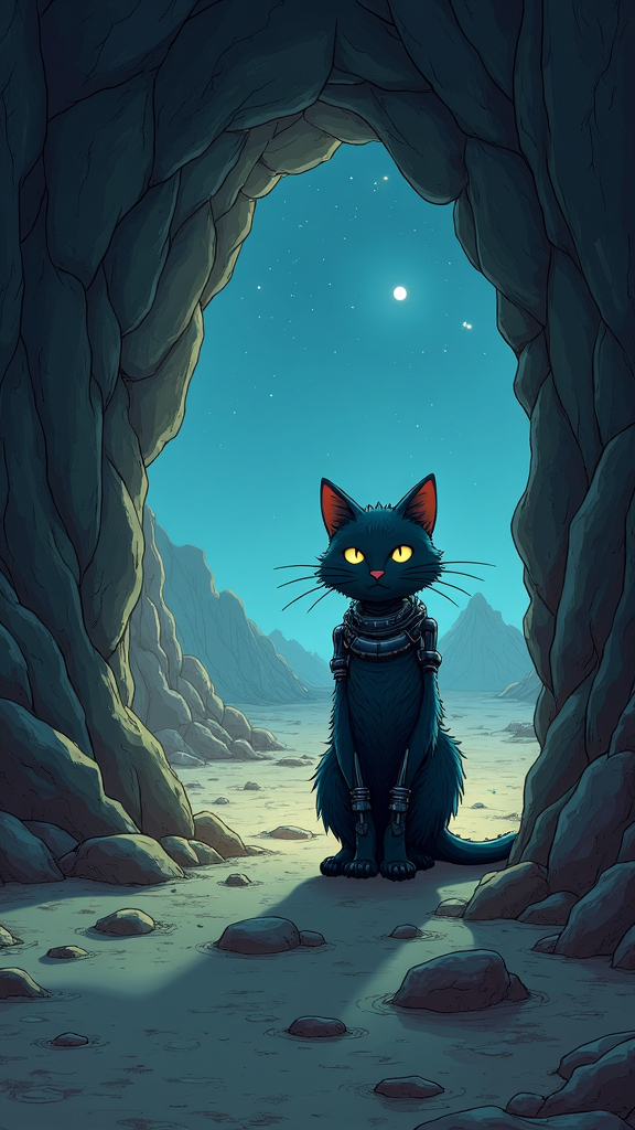 Prompt: An anthropomorphic cyborg cat on the entrance of a cave, ominous abandoned desert, night time, dim light, cel shading, illustration, digital art, a text that says on the top "So based man!", hd, 8k