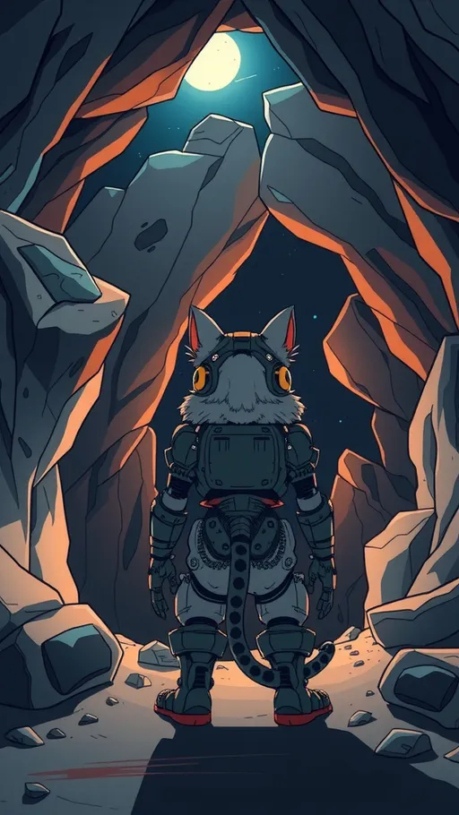 Prompt: An anthropomorphic cyborg cat on the entrance of a cave, ominous abandoned desert, night time, dim light, cel shading, toon shading, detailed illustration, digital art, (a text font on the top says "So sick man!"), back view, high and wide angle, cinematic, hd, 8k, extremely detailed, masterpiece, absurdres