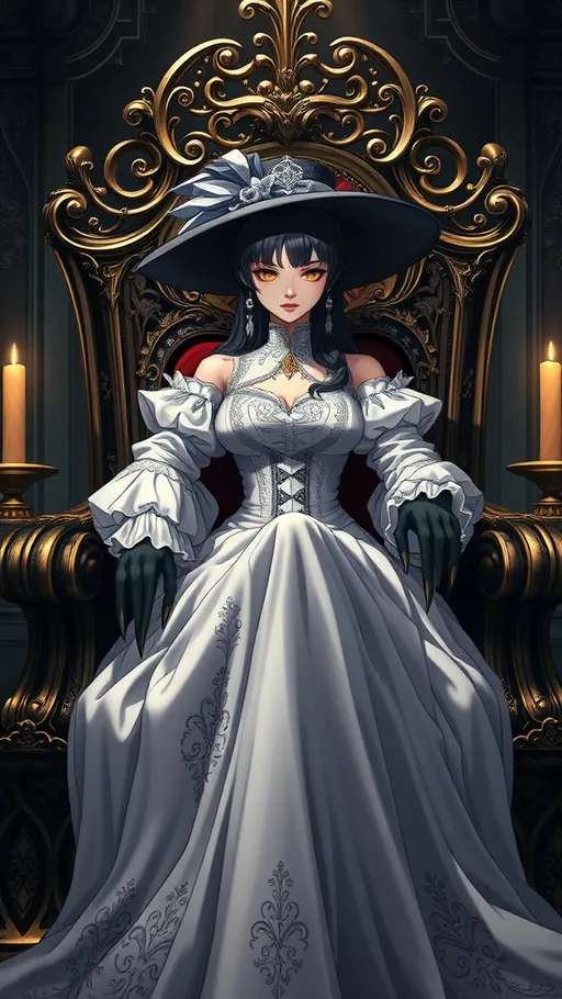 Prompt: Portrait of The (Lady Dimitrescu), sitting regally on an ornate throne, (elegant embroidery on a flowing white dress), striking contrast with (black hat and gloves), surrounded by intricate gothic decor, (dynamic lighting casts dramatic shadows), exhibiting intense (yellow eyes), possessing long claws. Atmosphere is (mysterious) and (elegant), offering an (overdetailed anime style) in stunning (4K HD resolution). Mature woman, A true masterpiece of (animation series art).