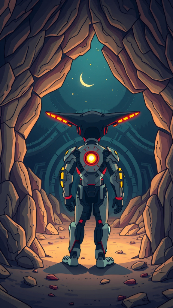 Prompt: An anthropomorphic cyborg cat on the entrance of a cave, ominous abandoned desert, night time, dim light, cel shading, toon shading, detailed illustration, digital art, (a text font on the top says "So sick man!"), back view, high and wide angle, cinematic, hd, 8k, extremely detailed, masterpiece, absurdres