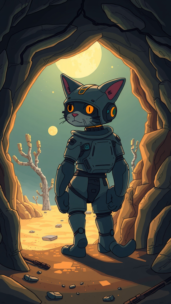 Prompt: An anthropomorphic cyborg cat on the entrance of a cave, ominous abandoned desert, night time, dim light, cel shading, toon shading, detailed illustration, digital art, (a text font on the top says "So sick man!"), back view, high and wide angle, cinematic, hd, 8k, extremely detailed, masterpiece, absurdres