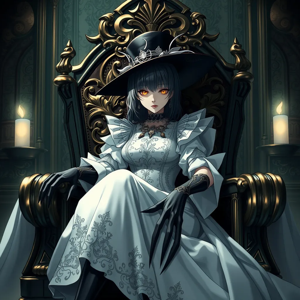 Prompt: Portrait of a (vampire countess), sitting regally on an ornate throne, (elegant embroidery on a flowing white dress), striking contrast with (black hat and gloves), surrounded by intricate gothic decor, (dynamic lighting casts dramatic shadows), exhibiting intense (yellow eyes), possessing long claws. Atmosphere is (mysterious) and (elegant), offering an (overdetailed anime style) in stunning (4K HD resolution). A true masterpiece of (animation series art).