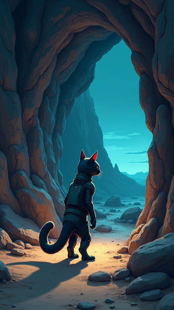 Prompt: An anthropomorphic cyborg cat on the entrance of a cave, ominous abandoned desert, night time, dim light, cel shading, toon shading, detailed illustration, digital art, (a text on the top "So based man!"), back view, high and wide angle, cinematic, hd, 8k, extremely detailed, masterpiece, absurdres