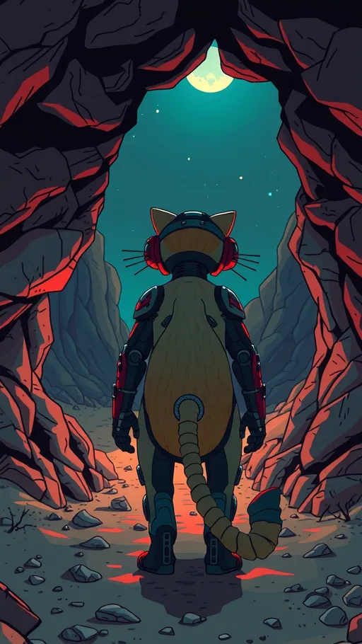 Prompt: An anthropomorphic cyborg cat on the entrance of a cave, ominous abandoned desert, night time, dim light, cel shading, toon shading, detailed illustration, digital art, (a text font on the top says "So sick man!"), back view, high and wide angle, cinematic, hd, 8k, extremely detailed, masterpiece, absurdres