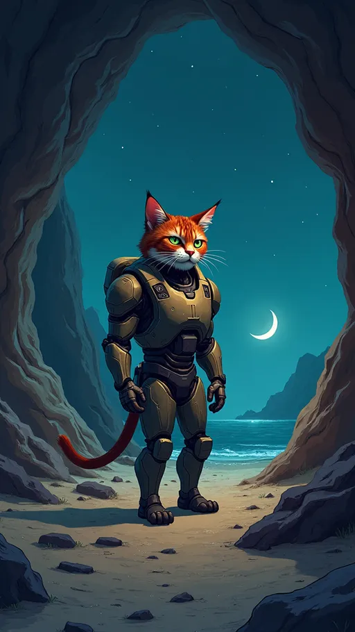 Prompt: An anthropomorphic cyborg cat on the entrance of a cave, ominous abandoned desert, night time, dim light, cel shading, illustration, digital art, a text that says on the top "So based man!", hd, 8k