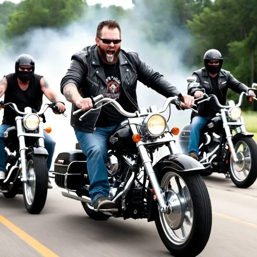 Prompt: Christian Bikers fighting against demons while riding their harley motorcycles