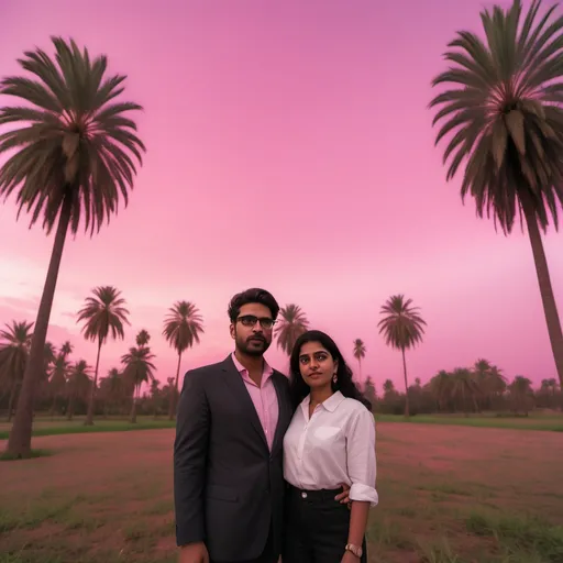 Prompt: a man and woman standing in a field with palm trees in the background and a pink sky in the background, Anthony Devas, samikshavad, ultra wide angle, a photocopy